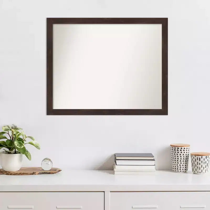 Miroir mural en bois de noyer foncé  31" x 25" non biseauté - : design rectangulaire moderne, quincaillerie de montage incluse