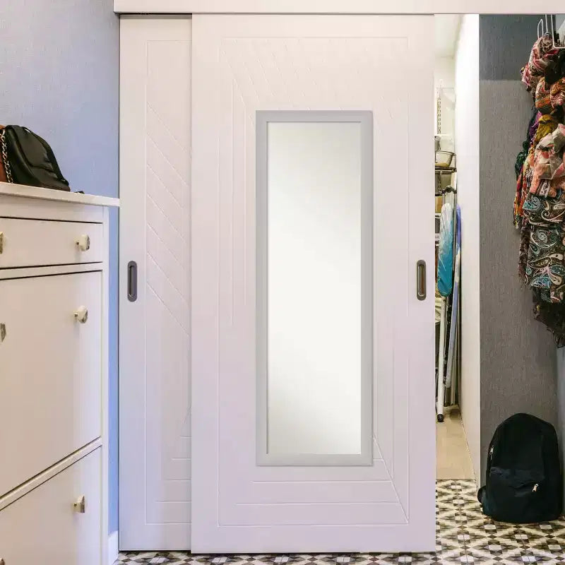 Miroir de porte 17" x 51" en bois argenté à faible lustre, sans biseau
