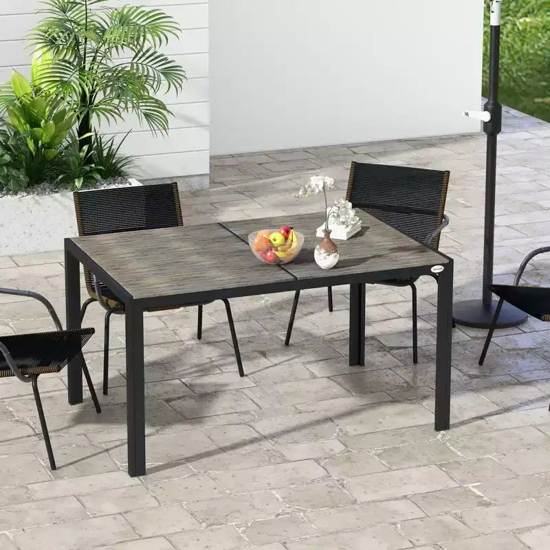 Table de patio pour 6 personnes avec cadre en aluminium, plateau en faux bois, table d'extérieur rectangulaire pour jardin, pelouse, balcon