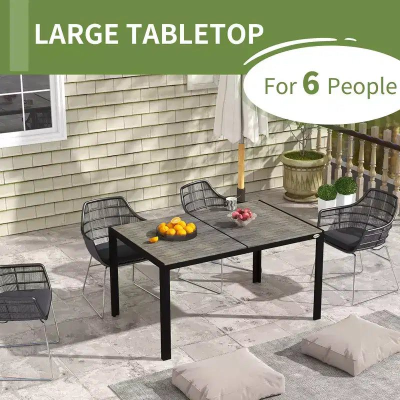 Table de patio pour 6 personnes avec cadre en aluminium, plateau en faux bois, table d'extérieur rectangulaire pour jardin, pelouse, balcon