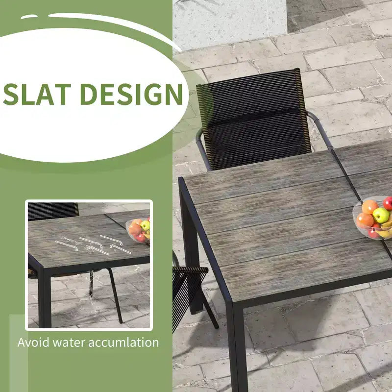 Table de patio pour 6 personnes avec cadre en aluminium, plateau en faux bois, table d'extérieur rectangulaire pour jardin, pelouse, balcon