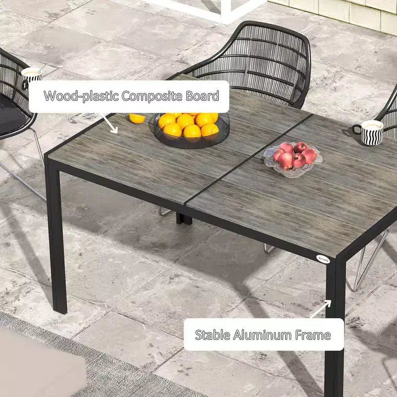 Table de patio pour 6 personnes avec cadre en aluminium, plateau en faux bois, table d'extérieur rectangulaire pour jardin, pelouse, balcon