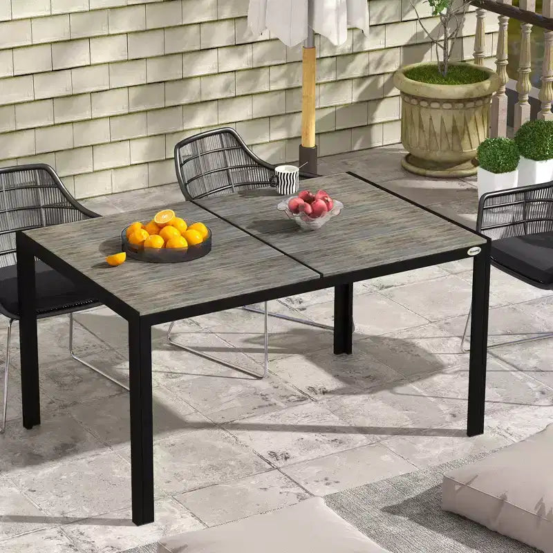 Table de patio pour 6 personnes avec cadre en aluminium, plateau en faux bois, table d'extérieur rectangulaire pour jardin, pelouse, balcon