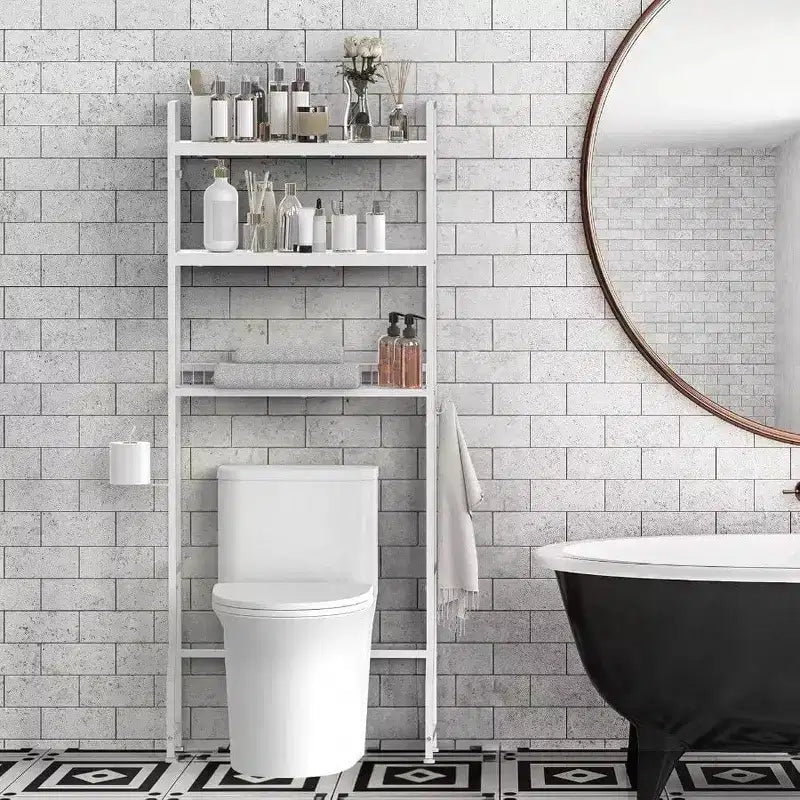 Meuble de Rangement WC 3 Étages Organisateur de Salle de Bain Blanc Bois Gain de Place Dessus WC Étagère Linge Autoportante