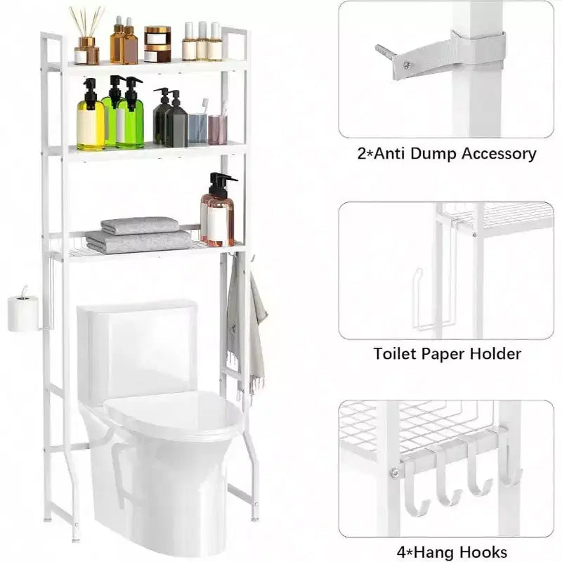 Meuble de Rangement WC 3 Étages Organisateur de Salle de Bain Blanc Bois Gain de Place Dessus WC Étagère Linge Autoportante