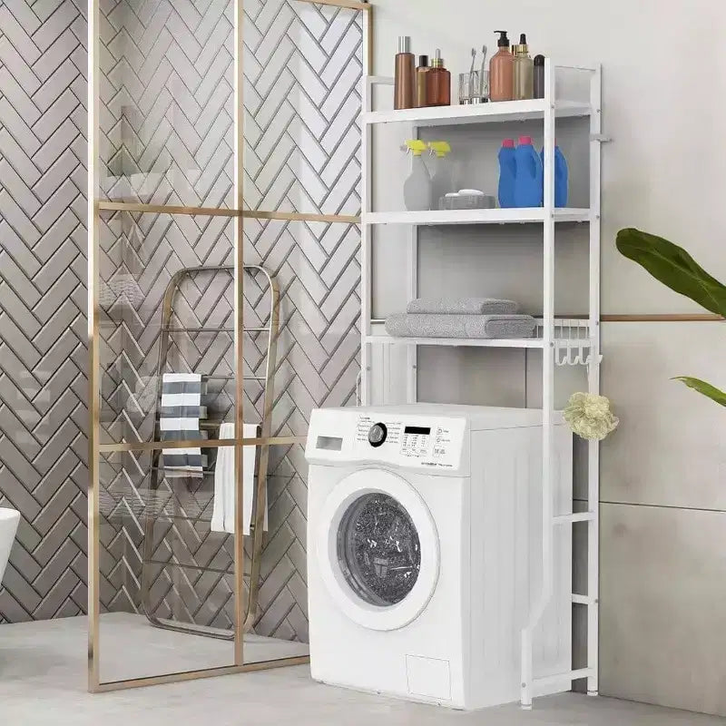 Meuble de Rangement WC 3 Étages Organisateur de Salle de Bain Blanc Bois Gain de Place Dessus WC Étagère Linge Autoportante