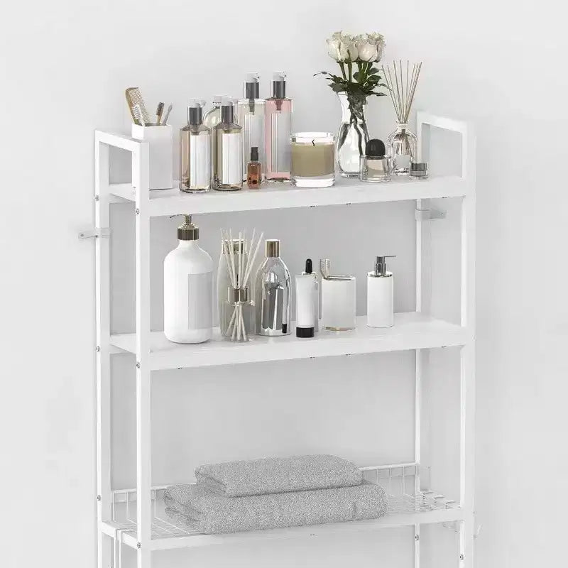 Meuble de Rangement WC 3 Étages Organisateur de Salle de Bain Blanc Bois Gain de Place Dessus WC Étagère Linge Autoportante