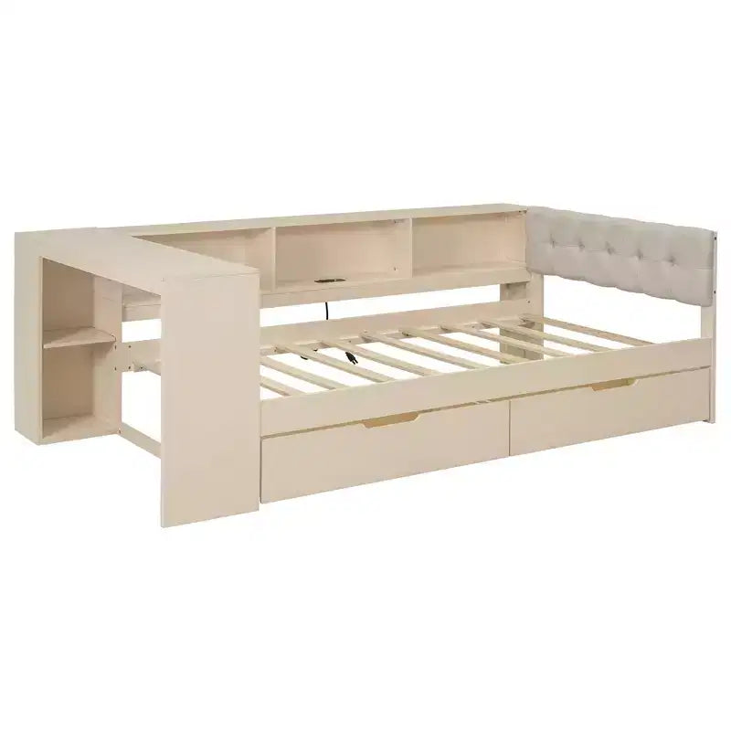 Lit plateforme double avec étagères de rangement, 2 tiroirs, station de recharge et tête de lit rembourrée