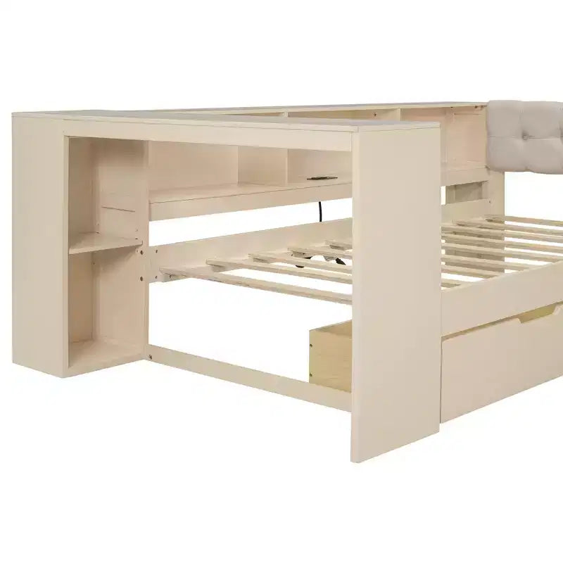 Lit plateforme double avec étagères de rangement, 2 tiroirs, station de recharge et tête de lit rembourrée