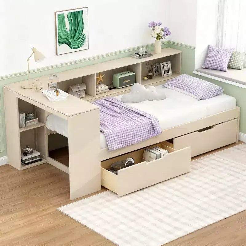Luxystar Twin Size Platform Bed with Storage Shelves, 2 Drawers, Charging Station and Upholstered Headboard