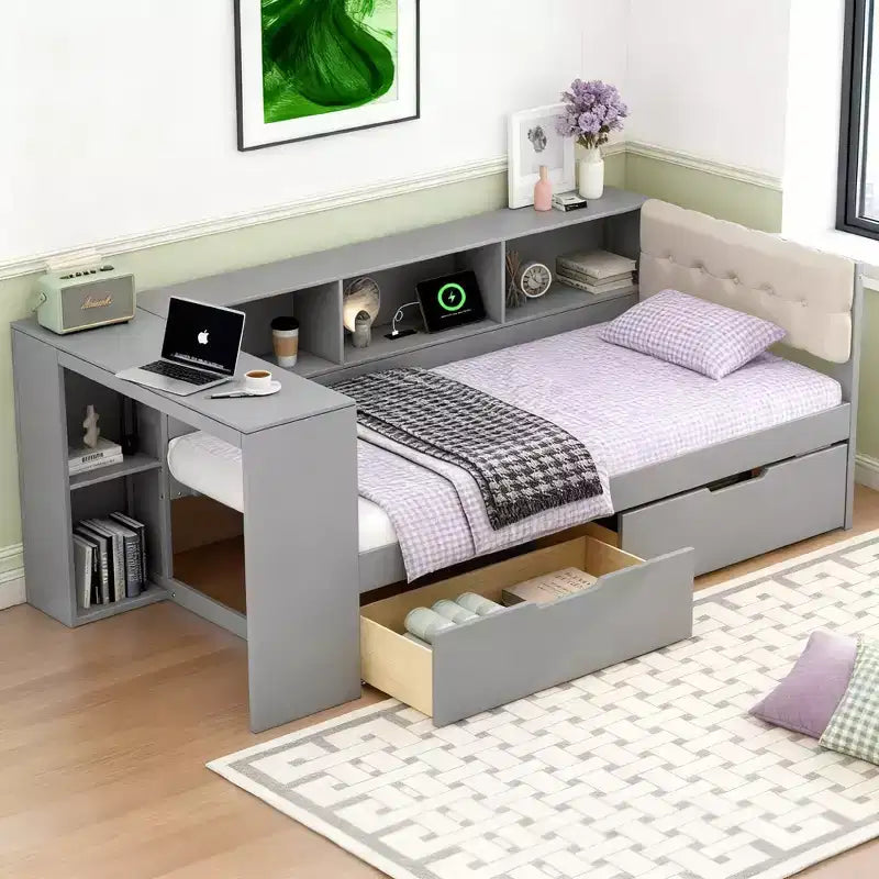Lit plateforme double avec étagères de rangement, 2 tiroirs, station de recharge et tête de lit rembourrée