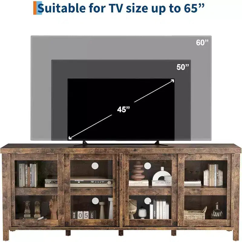 Meuble TV pour téléviseur 65 pouces, Table Console Média Moderne avec 4 Portes Coulissantes en Verre et Armoire de Rangement, Meuble TV pour Salon Chambre