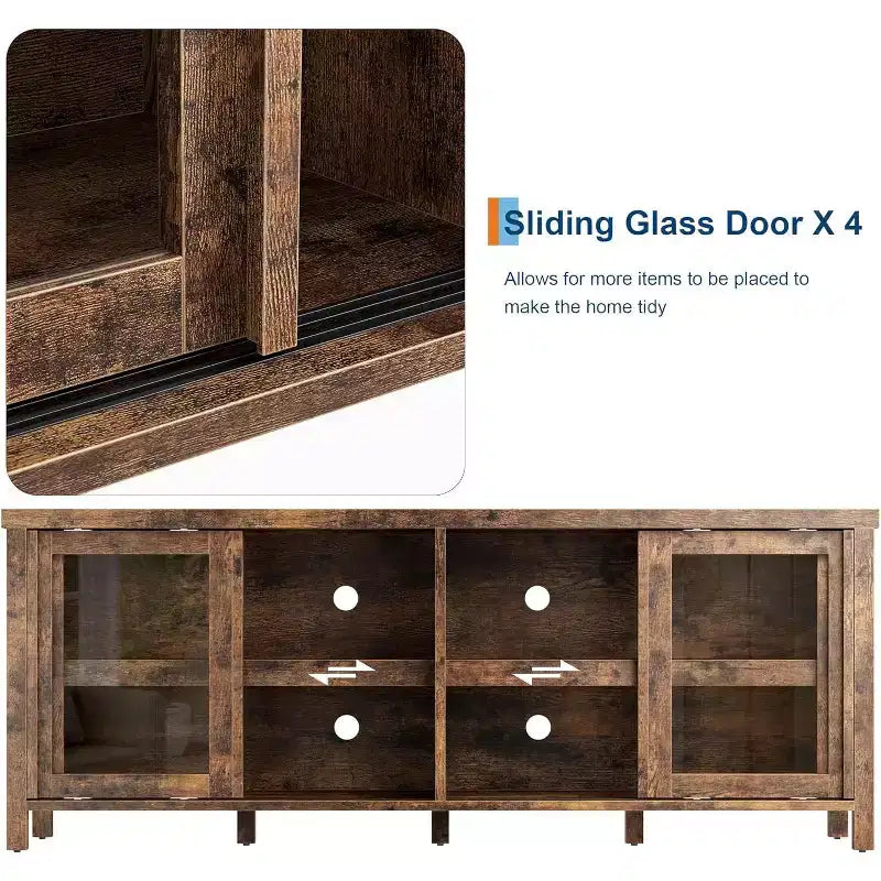 Meuble TV pour téléviseur 65 pouces, Table Console Média Moderne avec 4 Portes Coulissantes en Verre et Armoire de Rangement, Meuble TV pour Salon Chambre