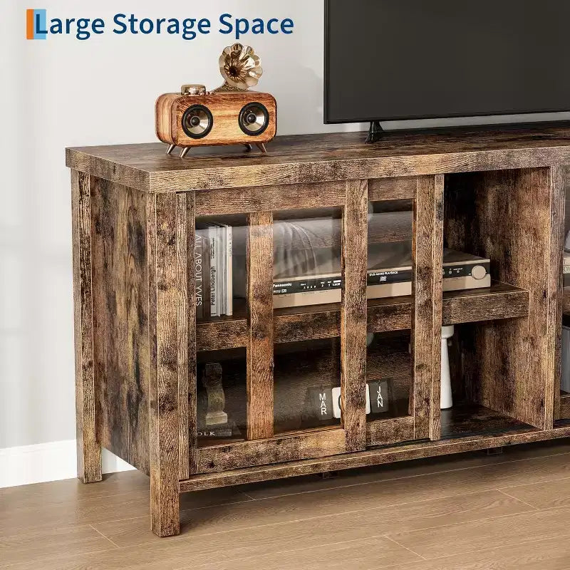Meuble TV pour téléviseur 65 pouces, Table Console Média Moderne avec 4 Portes Coulissantes en Verre et Armoire de Rangement, Meuble TV pour Salon Chambre