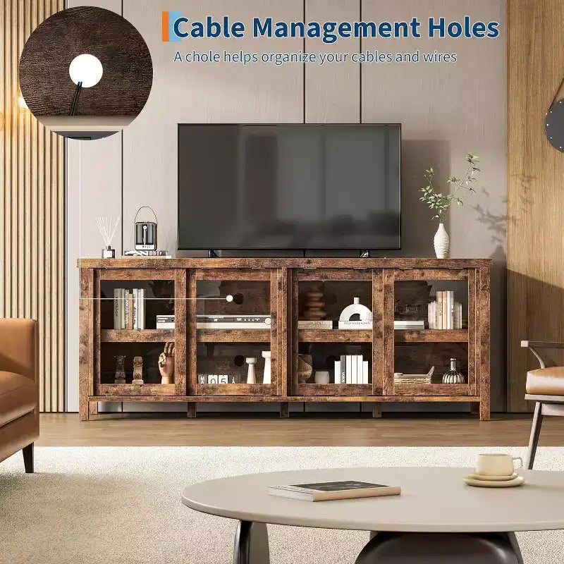 Meuble TV pour téléviseur 65 pouces, Table Console Média Moderne avec 4 Portes Coulissantes en Verre et Armoire de Rangement, Meuble TV pour Salon Chambre