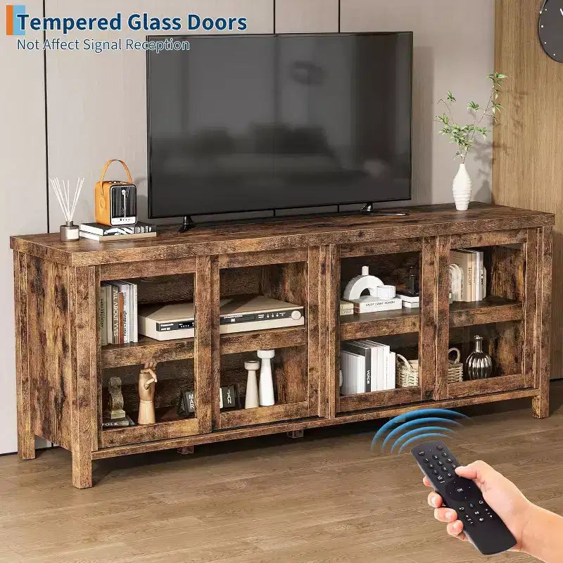 Meuble TV pour téléviseur 65 pouces, Table Console Média Moderne avec 4 Portes Coulissantes en Verre et Armoire de Rangement, Meuble TV pour Salon Chambre