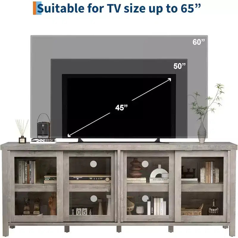 Meuble TV pour téléviseur 65 pouces, Table Console Média Moderne avec 4 Portes Coulissantes en Verre et Armoire de Rangement, Meuble TV pour Salon Chambre