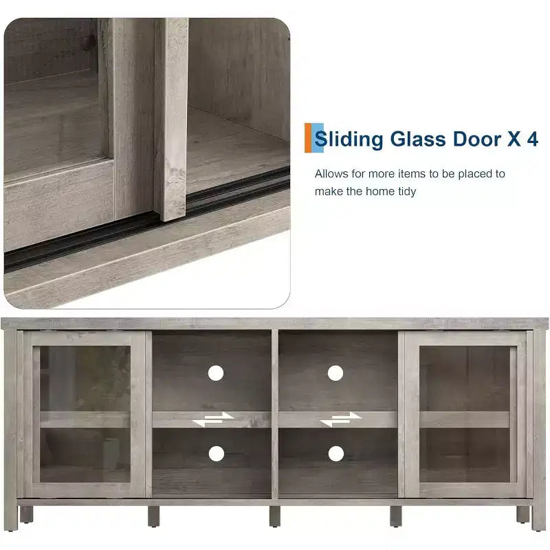 Meuble TV pour téléviseur 65 pouces, Table Console Média Moderne avec 4 Portes Coulissantes en Verre et Armoire de Rangement, Meuble TV pour Salon Chambre