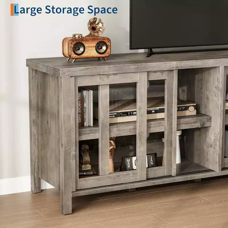 Meuble TV pour téléviseur 65 pouces, Table Console Média Moderne avec 4 Portes Coulissantes en Verre et Armoire de Rangement, Meuble TV pour Salon Chambre