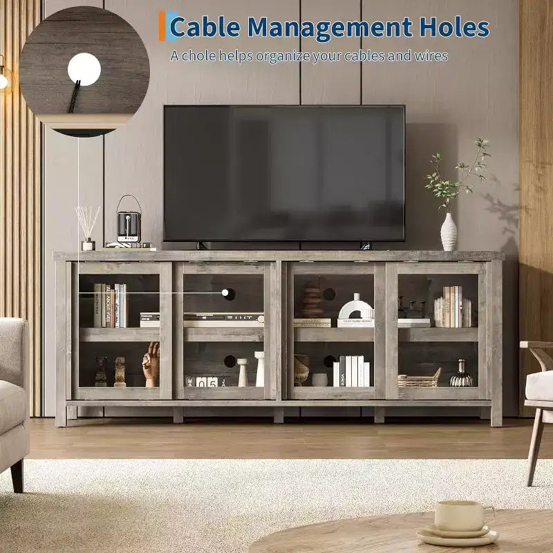 Meuble TV pour téléviseur 65 pouces, Table Console Média Moderne avec 4 Portes Coulissantes en Verre et Armoire de Rangement, Meuble TV pour Salon Chambre