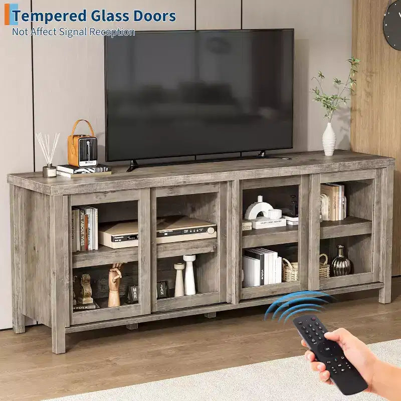 Meuble TV pour téléviseur 65 pouces, Table Console Média Moderne avec 4 Portes Coulissantes en Verre et Armoire de Rangement, Meuble TV pour Salon Chambre