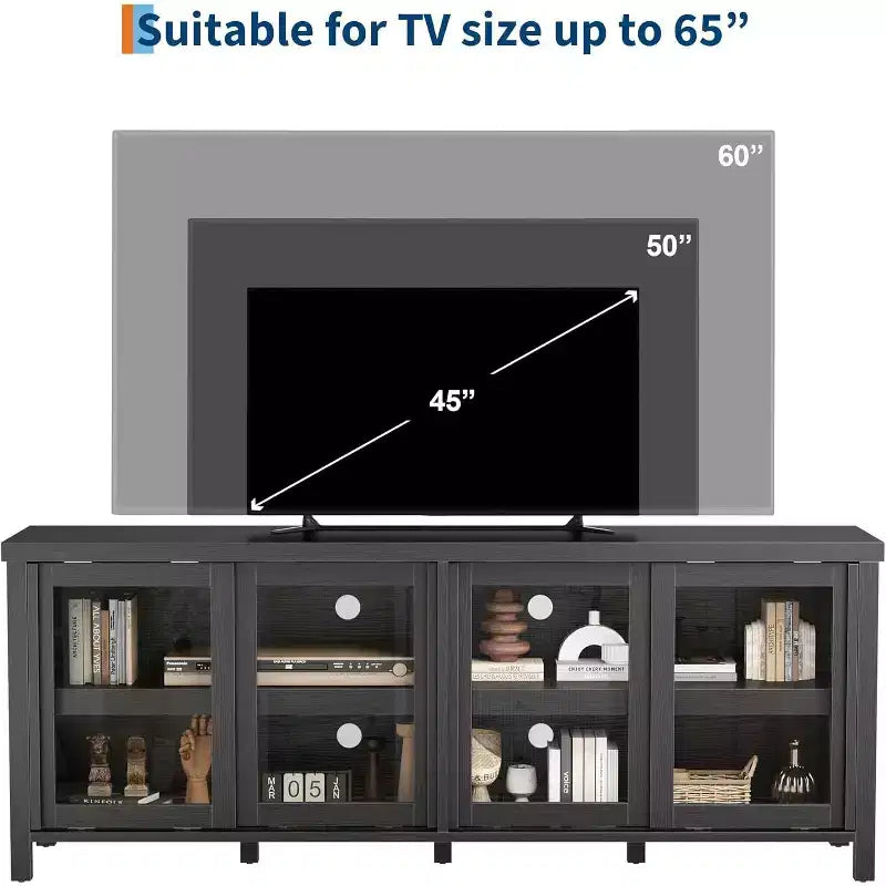 Meuble TV pour téléviseur 65 pouces, Table Console Média Moderne avec 4 Portes Coulissantes en Verre et Armoire de Rangement, Meuble TV pour Salon Chambre