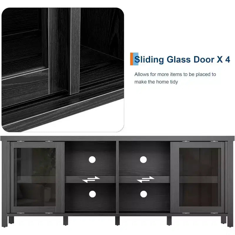 Meuble TV pour téléviseur 65 pouces, Table Console Média Moderne avec 4 Portes Coulissantes en Verre et Armoire de Rangement, Meuble TV pour Salon Chambre