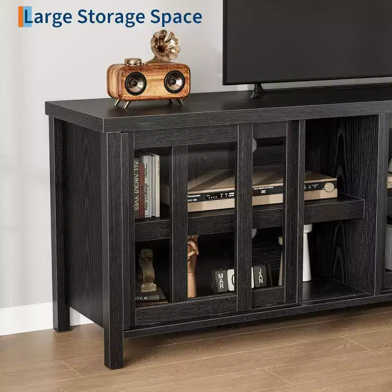 Meuble TV pour téléviseur 65 pouces, Table Console Média Moderne avec 4 Portes Coulissantes en Verre et Armoire de Rangement, Meuble TV pour Salon Chambre