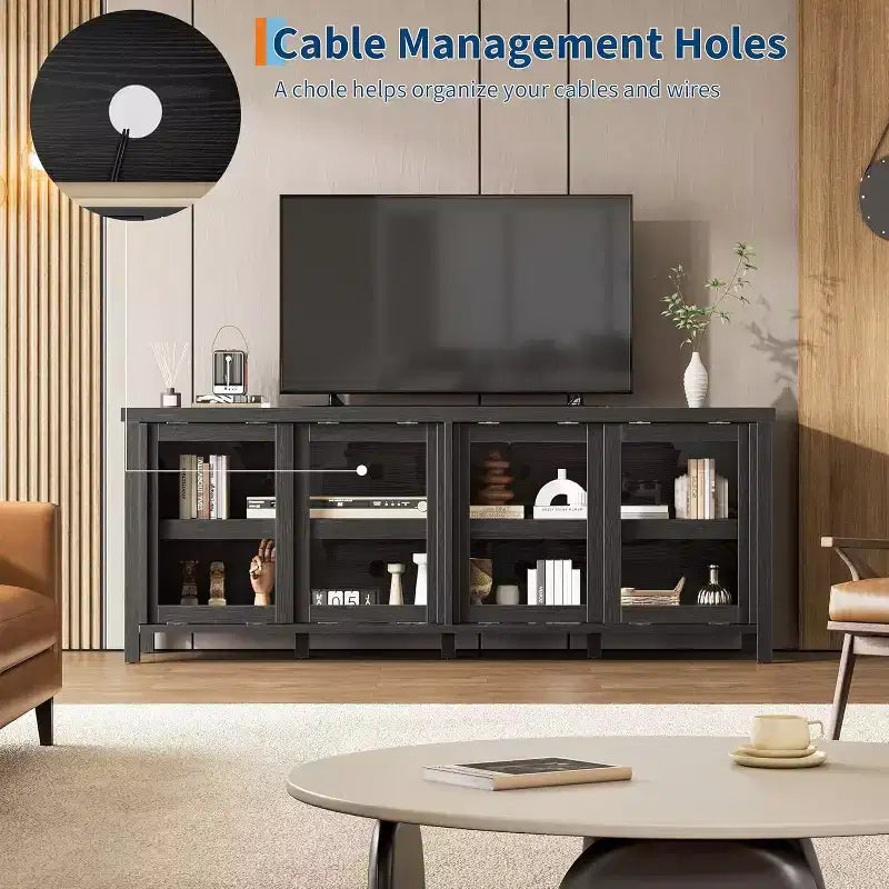 Meuble TV pour téléviseur 65 pouces, Table Console Média Moderne avec 4 Portes Coulissantes en Verre et Armoire de Rangement, Meuble TV pour Salon Chambre