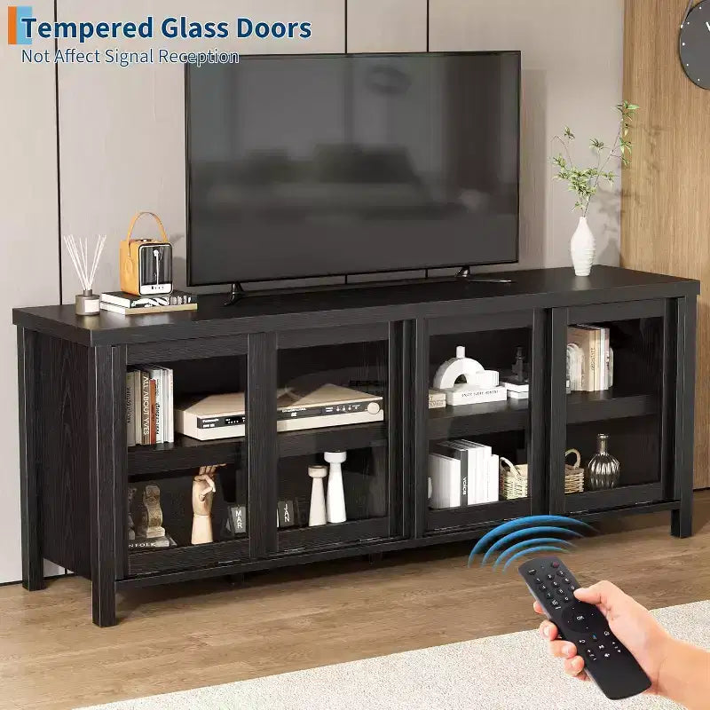 Meuble TV pour téléviseur 65 pouces, Table Console Média Moderne avec 4 Portes Coulissantes en Verre et Armoire de Rangement, Meuble TV pour Salon Chambre
