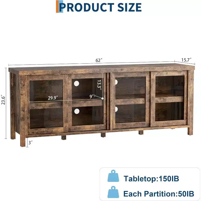 Meuble TV pour téléviseur 65 pouces, Table Console Média Moderne avec 4 Portes Coulissantes en Verre et Armoire de Rangement, Meuble TV pour Salon Chambre