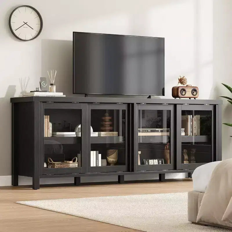 TV Stand for 65in TV, Modern Media Console Table with 4 Sliding Glass Doors & Storage Cabinet, Entertainment Center for Living Room Bedroom