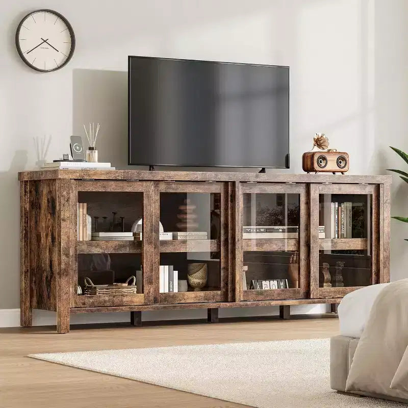 Meuble TV pour téléviseur 65 pouces, Table Console Média Moderne avec 4 Portes Coulissantes en Verre et Armoire de Rangement, Meuble TV pour Salon Chambre