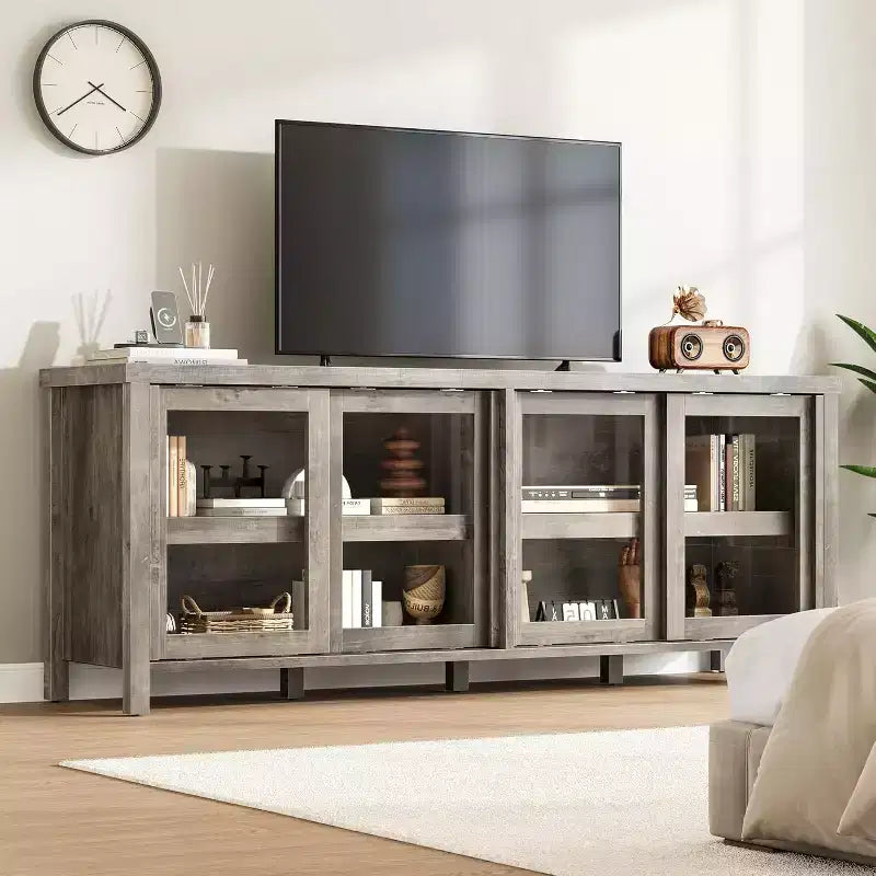 Meuble TV pour téléviseur 65 pouces, Table Console Média Moderne avec 4 Portes Coulissantes en Verre et Armoire de Rangement, Meuble TV pour Salon Chambre