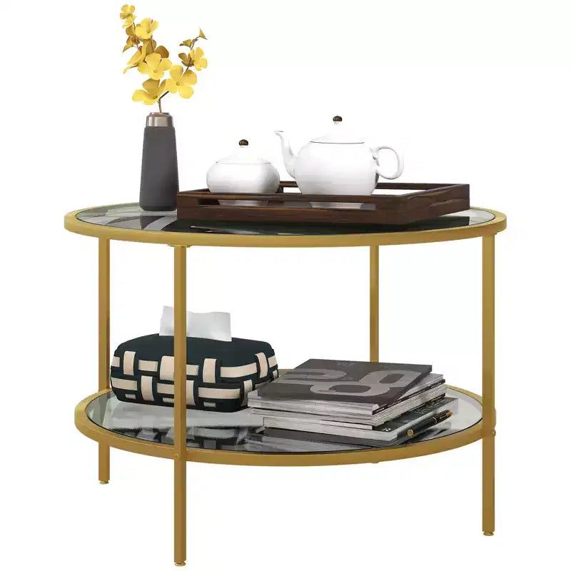 Side Table with Storage, Round End Table, 2-Tier Tempered Glass Coffee Table with Steel Frame for Living Room