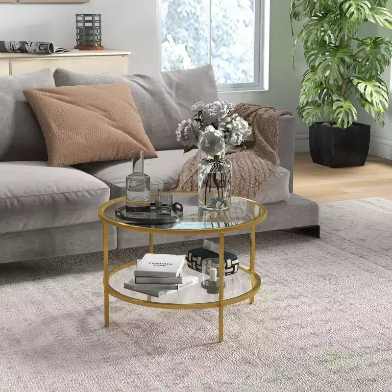 Table d'appoint avec rangement, Table de bout ronde, Table basse à 2 niveaux en verre trempé avec cadre en acier pour salon