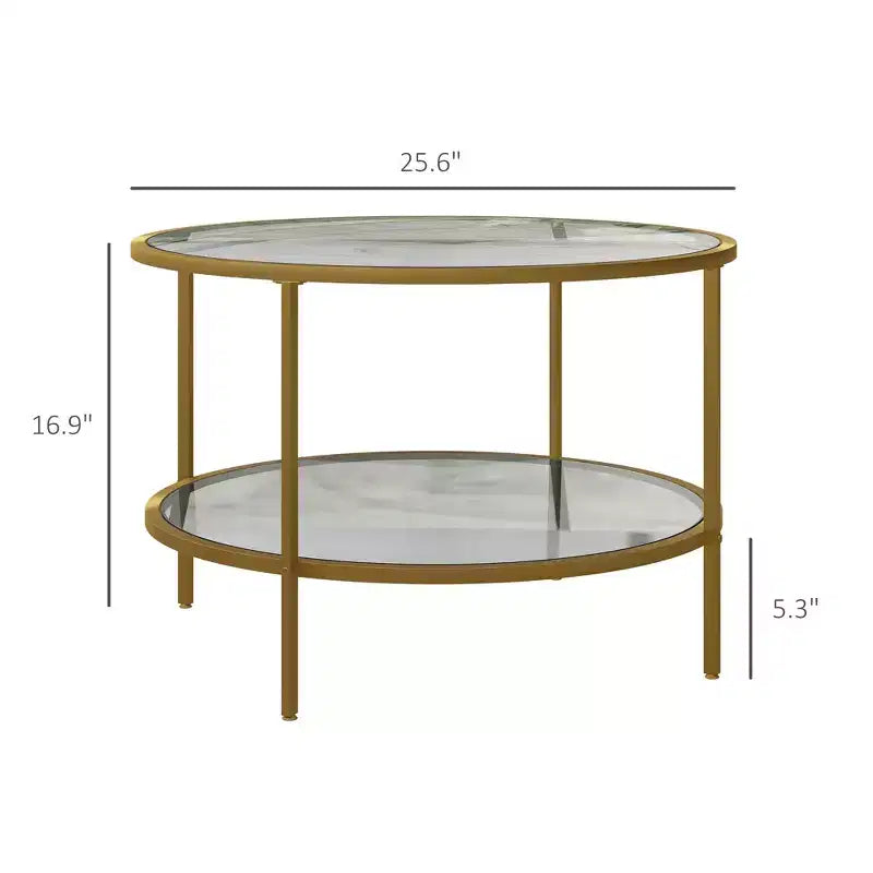 Table d'appoint avec rangement, Table de bout ronde, Table basse à 2 niveaux en verre trempé avec cadre en acier pour salon