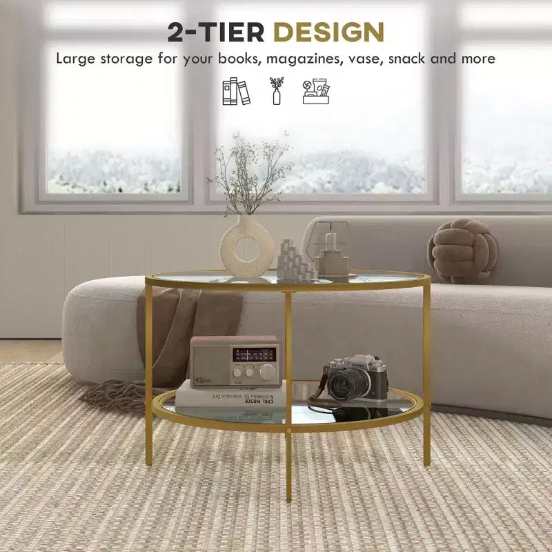 Table d'appoint avec rangement, Table de bout ronde, Table basse à 2 niveaux en verre trempé avec cadre en acier pour salon