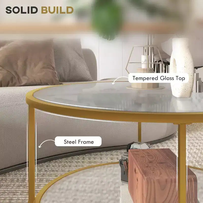Table d'appoint avec rangement, Table de bout ronde, Table basse à 2 niveaux en verre trempé avec cadre en acier pour salon