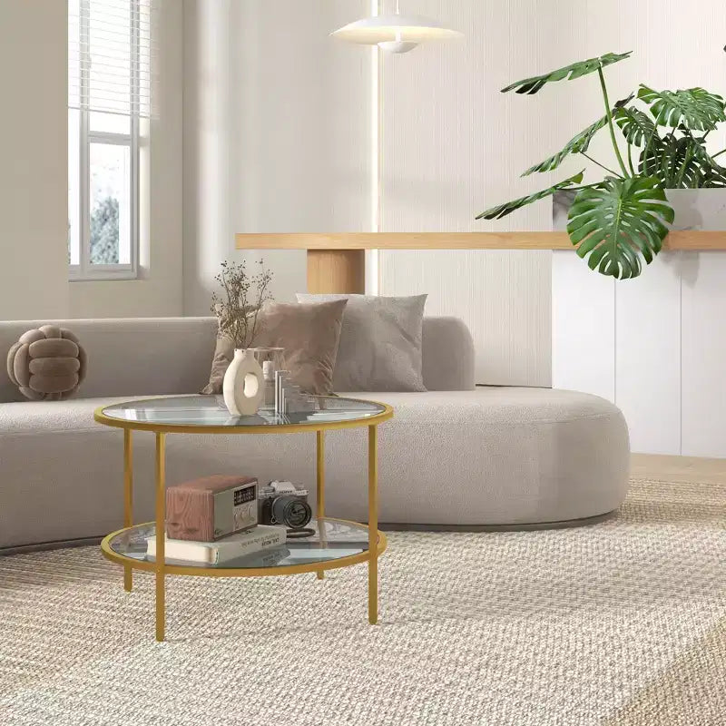 Table d'appoint avec rangement, Table de bout ronde, Table basse à 2 niveaux en verre trempé avec cadre en acier pour salon