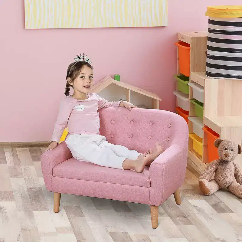 Canapé 2 places pour enfants, petit canapé pour tout-petits, en tissu aspect lin et cadre en bois pour les 3-7 ans, hauteur d'assise de 28 cm