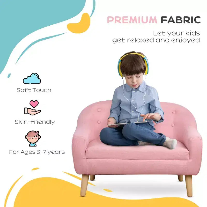 Canapé 2 places pour enfants, petit canapé pour tout-petits, en tissu aspect lin et cadre en bois pour les 3-7 ans, hauteur d'assise de 28 cm