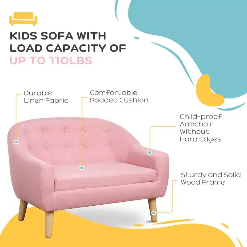 Canapé 2 places pour enfants, petit canapé pour tout-petits, en tissu aspect lin et cadre en bois pour les 3-7 ans, hauteur d'assise de 28 cm