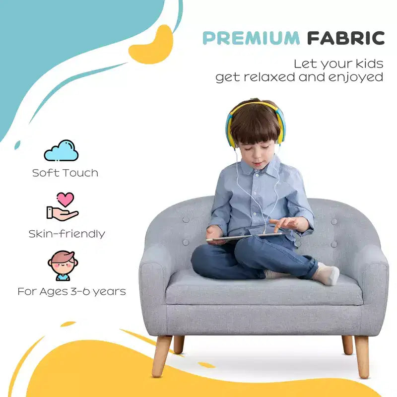 Canapé 2 places pour enfants, petit canapé pour tout-petits, en tissu aspect lin et cadre en bois pour les 3-7 ans, hauteur d'assise de 28 cm