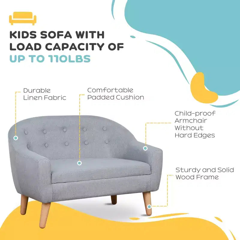 Canapé 2 places pour enfants, petit canapé pour tout-petits, en tissu aspect lin et cadre en bois pour les 3-7 ans, hauteur d'assise de 28 cm