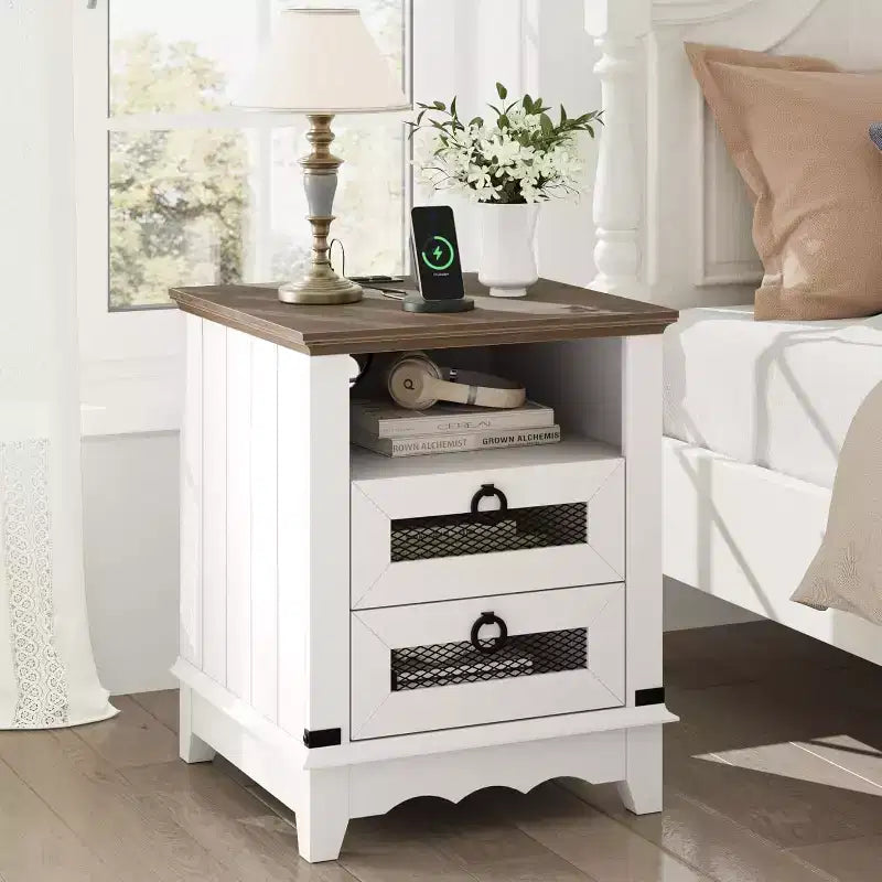 Farmhouse Nightstand with Charging Station, 2 Drawers & Open Cubby, 18 Side Table for Bedroom Living Room