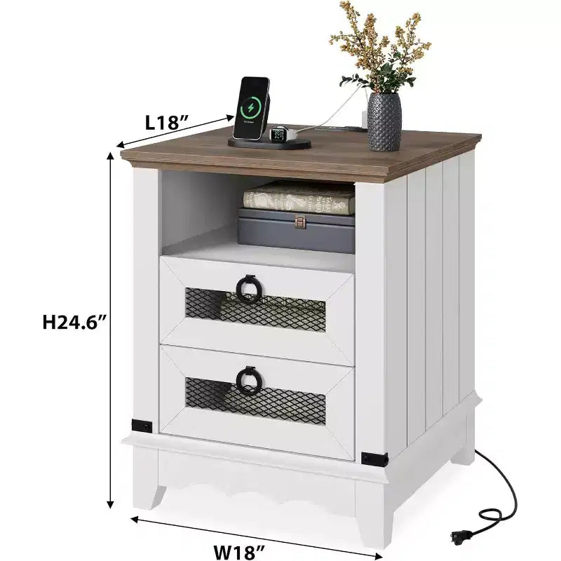 Table de chevet rustique avec station de charge, 2 tiroirs et compartiment ouvert, table d'appoint de 45,7 cm pour chambre à coucher ou salon
