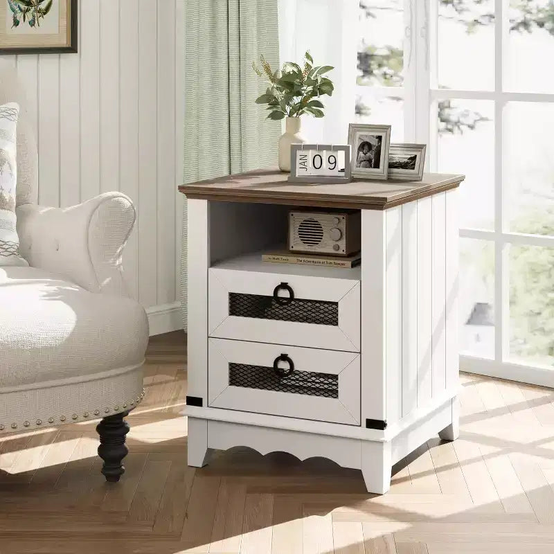 Table de chevet rustique avec station de charge, 2 tiroirs et compartiment ouvert, table d'appoint de 45,7 cm pour chambre à coucher ou salon