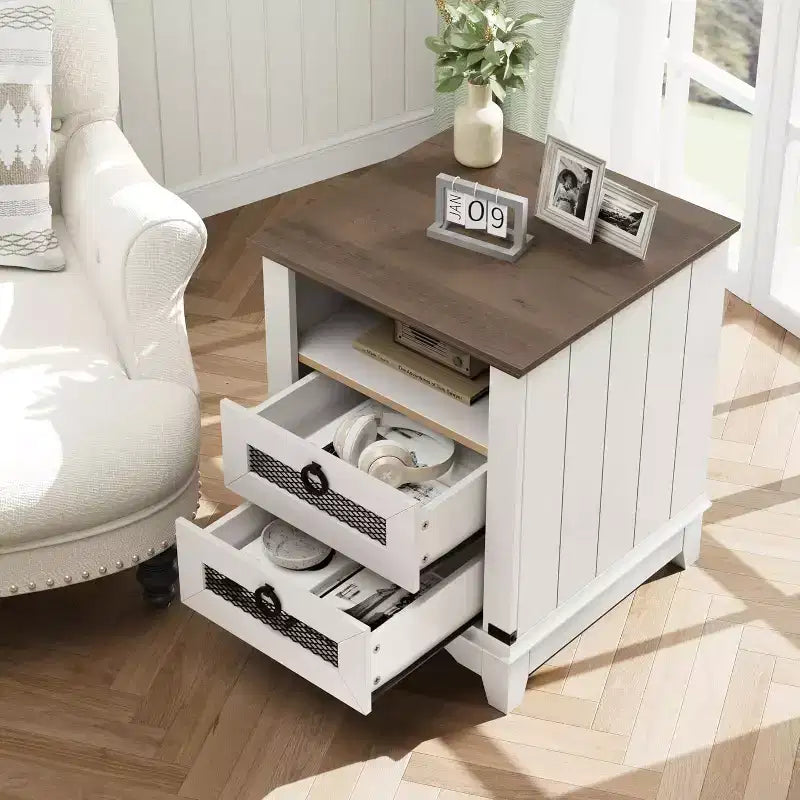 Table de chevet rustique avec station de charge, 2 tiroirs et compartiment ouvert, table d'appoint de 45,7 cm pour chambre à coucher ou salon