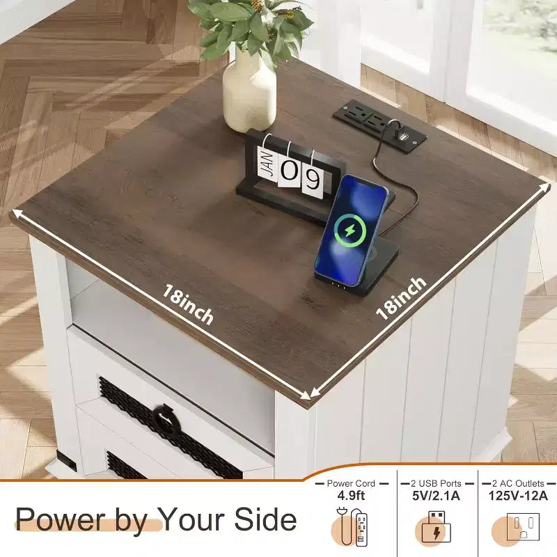 Table de chevet rustique avec station de charge, 2 tiroirs et compartiment ouvert, table d'appoint de 45,7 cm pour chambre à coucher ou salon